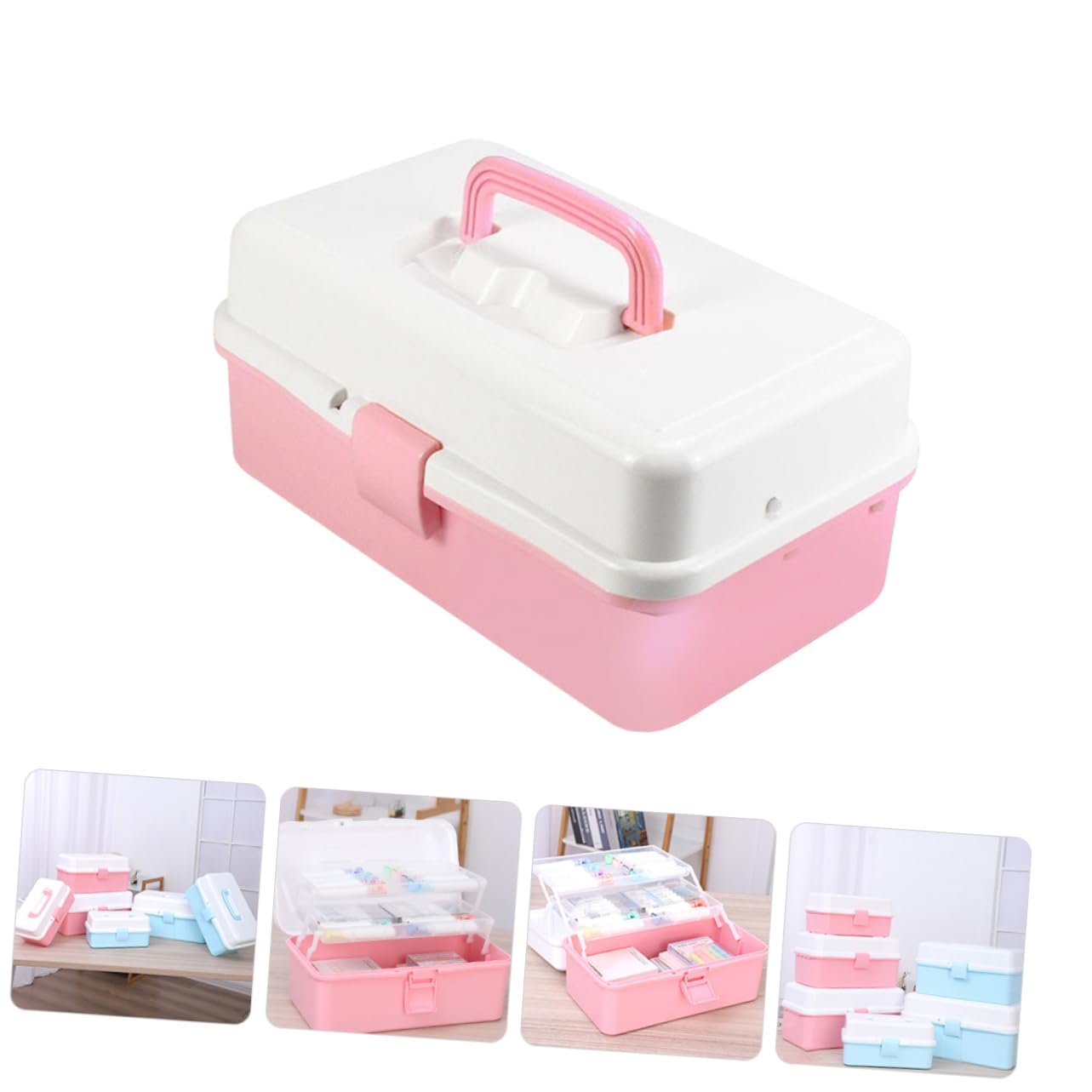 MAGICLULU Mehrschichtige Aufbewahrungsbox für Schreibwaren, Rosa, Pp | Dreistufige Trennstruktur, für Beauty Zubehör und Stickzubehör, Tragbare Ausführung für Camping und Umzug