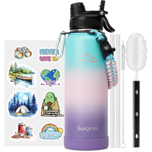 Image of Swigina [2-IN-1 LID] Insulated Water Bottle with Silicone Boot (36hrs Cold /18hrs Hot) - DIY Stickers, Leakproof, BPA Free, 40 oz