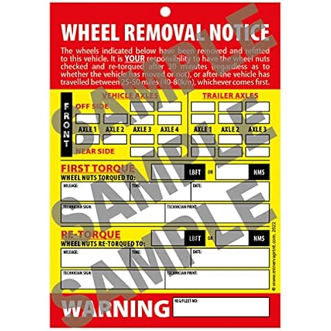 Wheel Change Notice Tag Card Re-Torque Warning - 50 Cards (No Bands) Cover
