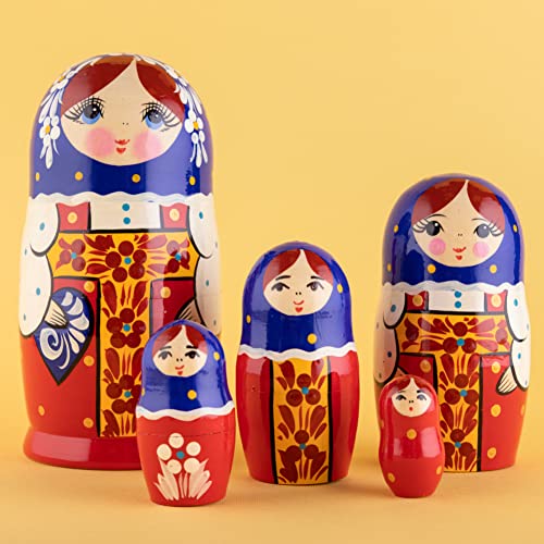 Heka Naturals Red Sarafan Nesting Dolls | All Natural Wooden Matryoshka Doll Set Of 5 (7 Inch) - Traditional Babushka Home Decor, Wooden Stacking Dolls, Vintage Handmade Shape #TOP5