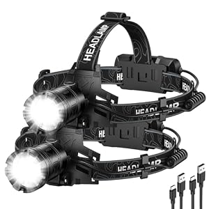 Kmivo 2-Pack Rechargeable LED Headlamps – 99,000 High Lumens Super Bright Head Light with 3 Modes, 90° Adjustable Tilt, IPX6 Waterproof for Camping, Hiking, Running & Outdoors