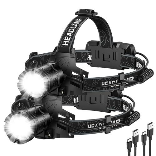 Kmivo 2-Pack Rechargeable LED Headlamps - 99,000 High Lumens Super Bright Head Light with 3 Modes, 90° Adjustable Tilt, IPX6 Waterproof for Camping, Hiking, Running & Outdoors