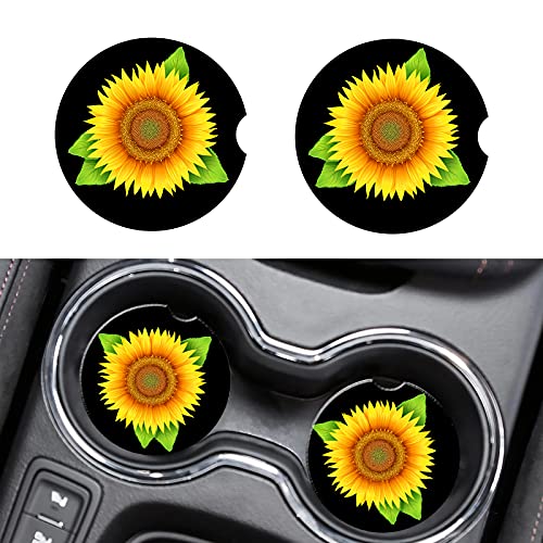 Auto-Untersetzer für Getränkehalter, saugfähig, 2 Packungen, Keramik-Auto-Getränkehalter, niedliches Auto-Zubehör Frauen, steinschwarze mit Fingerkerbe und leicht zu reinigen (einzelne Sonnenblume) Cover
