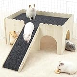 RENEWREVITAL Guinea Pig Hideout, Wooden Small Animal Castle Habitat with Stairs, Hamster Bunny Chinchilla Hideaway Hut for Playing Hiding, Beige, Black, 1 Set