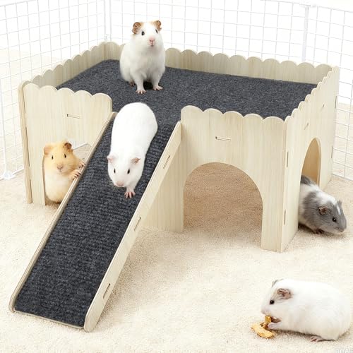 RENEWREVITAL Guinea Pig Hideout, Wooden Small Animal Castle Habitat with Stairs, Hamster Bunny Chinchilla Hideaway Hut for Playing Hiding, Beige, Black, 1 Set