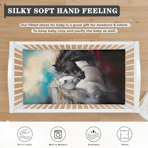 Image of Crazy Horse Baby Crib Sheet 52''x28'' Fitted Crib Mattress Sheet for Boy Girl Soft Nursery Bed Sheet for Standard Crib and Toddler Mattress, Blue