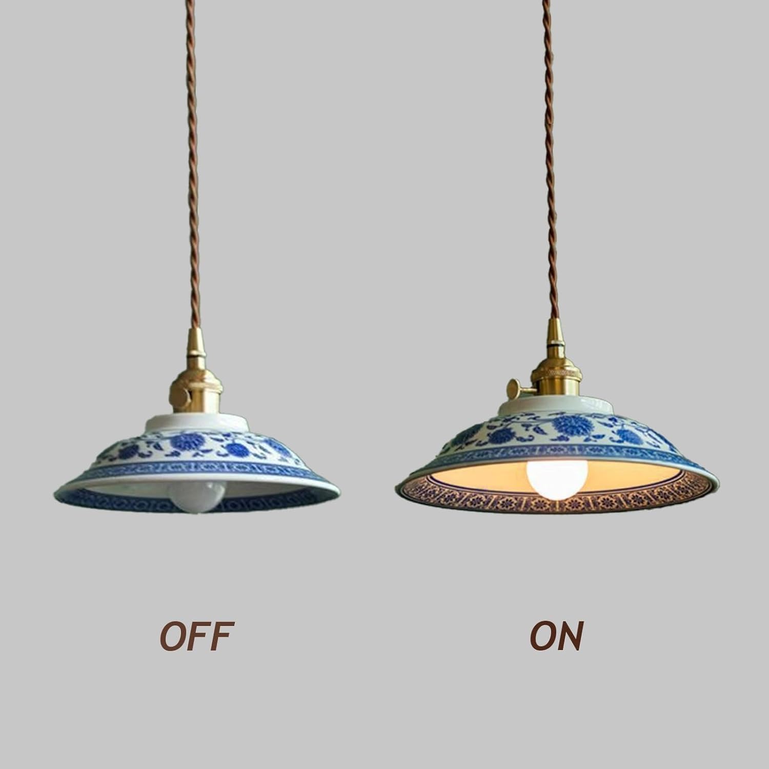 Vintage Pendant Light, Blue White 10.0" Porcelain Shade, Ceramic Hanging Lamp with Brass Accent, Adjustable Ceiling Light for Kitchen Island, Dining Room, Bedroom, Entryway Parlour(Small)