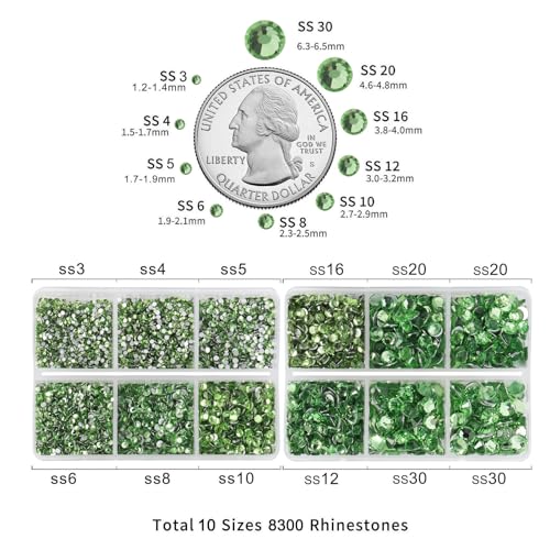 Image of Beadsland Flatback Rhinestones, Peridot, 8300pcs Mixed 10 Sizes