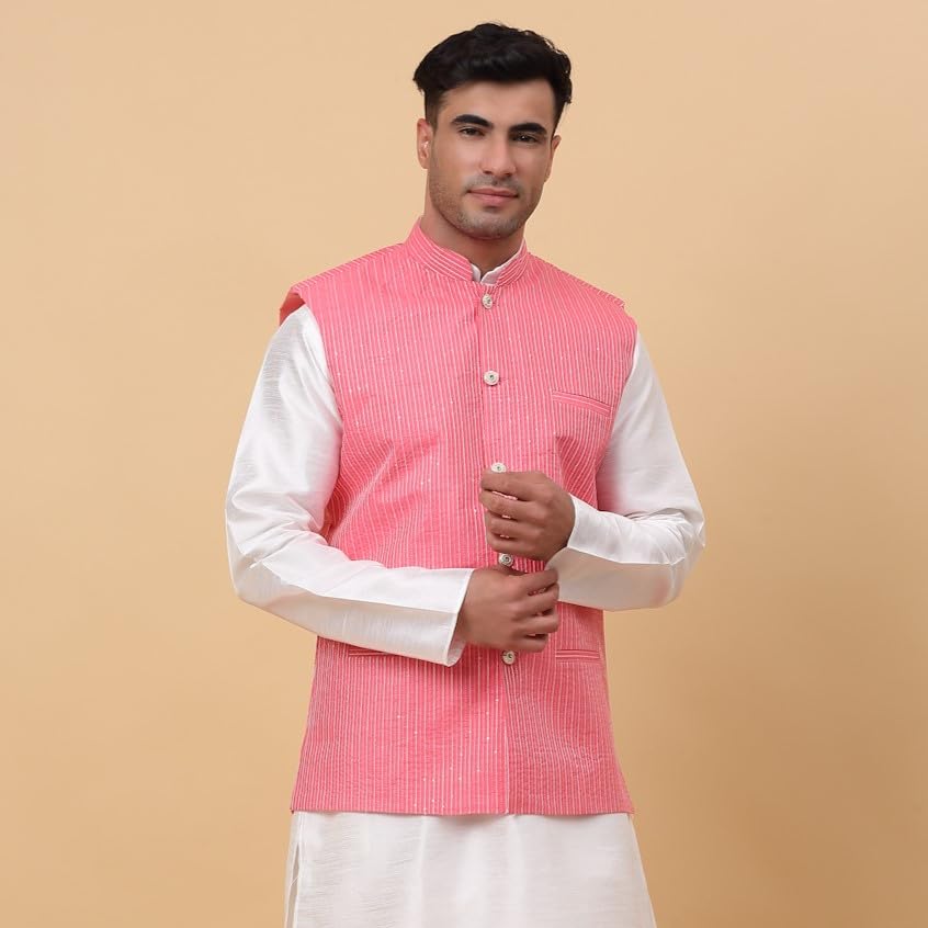 Mens Silk Blend Sequenced Striped Waistcoat, Nehru Jacket Only, Ethnic Traditional Wear3