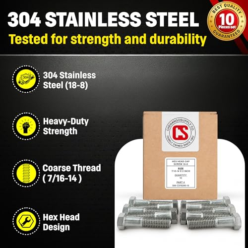 Image of Stainless 7 /16-14 x 2 inch Hex Head Bolts (3 /4 inch to 5 inch Lengths Available in Listing), 304 Stainless Steel, 10 Pieces (7 /16-14 x 2 inch)