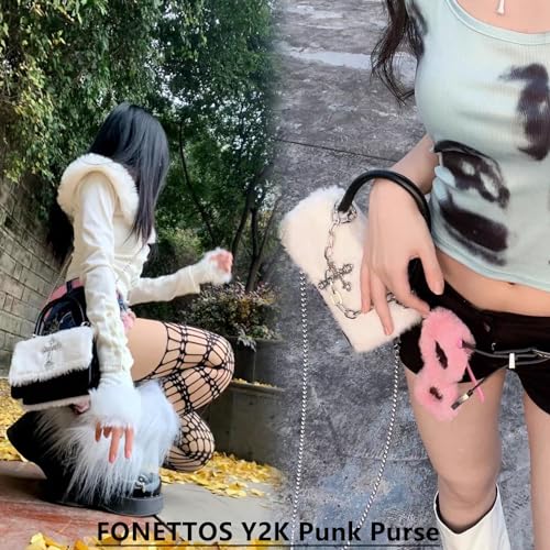 Y2K Gothic Punk Handbag Indie Cross Studded Shoulder bag for Egirl Woman Kawaii Purse Cool Girl Crossbody Fluffy Bag3