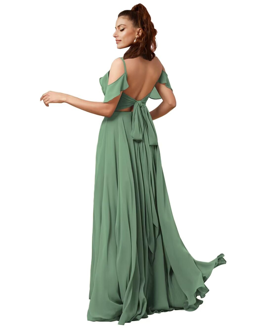 SHANDUAO V Neck Chiffon Sleeveless Bridesmaid Dress A-line Backless Wedding Guest Dresses Cold Shoulder Long Formal Gown Eucalyptus-12