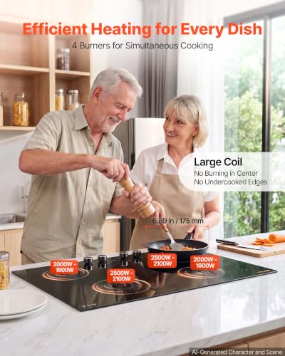 Image of VEVOR Induction Cooktop 30inch 4 Burners Built-in Electric Stove 220V 7200W, Low-Power Continuous Heating, Induction Burner for Kitchen, with 11 Power Levels, Knob Control, and Child Lock