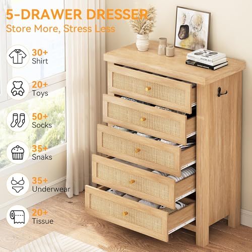 Image of Natural Rattan Dresser for Bedroom with 5 Drawers, Wood Boho Chest of Drawers with Gold Metal Handle, Matte Top Bedroom Tall Dresser with Large Drawers for Living Room, Closet, Hallway, (Nartual)