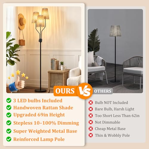 Bairth Boho Floor Lamp, Farmhouse Rattan 3-Light Floor Lamp for Living Room - image 5