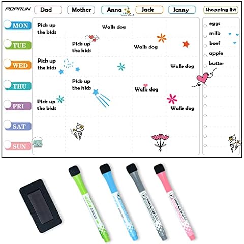 POPRUN Magnetic Weekly Family Planner Fridge Chore Chart Whiteboard Calendar,Dry Wipe Clean Weekly Planning Board for Menu, Meal, Memo 43 x 28 cm Cover