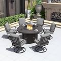 Kurapika 7 Piece Metal Moden Outdoor Patio Furniture Set with Round Fire Pit Table, Patio Conversation Sets 6 Swivel Chairs with Thick Cushion and 40000 BTU Fire Pit Table, for Yard Deck, Grey