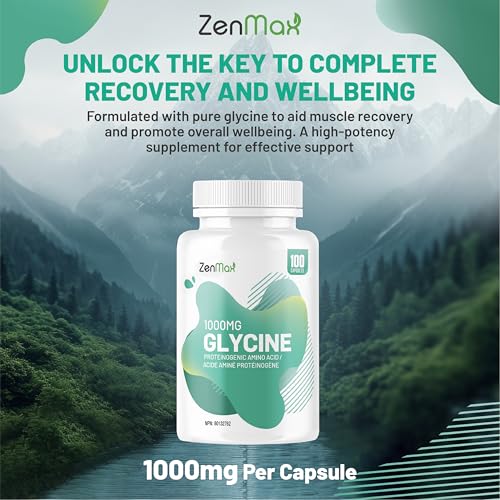 ZenMax Glycine 1000mg - 100 Capsules, Vegan Amino Acid Supplement for Muscle Recovery, Relaxation, Sleep Support, Protein Synthesis, Collagen Formation, Brain and Joint Health - Non-GMO, Gluten-Free, Made in Canada - Image 3