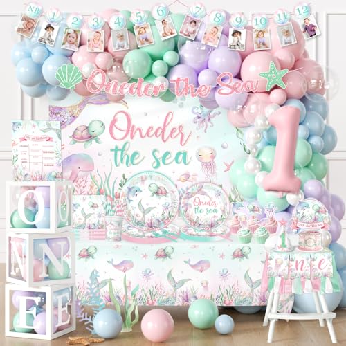 Oneder The Sea Party Decorations Girl 274psc Order The Sea 1st Birthday Girl Plates and Napkins Cups Banner Backdrop Tablecloth Cake Topper Balloon for One Der The Sea Birthday Supplies