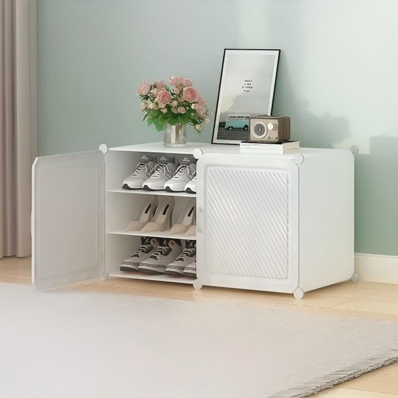 Image of Mevigo Tier Shoe Rack with Doors|Holds Pairs |Waterproof & Dustproof Modular Plastic Shoe Cabinet|Foldable Stackable Shoe Organizer with MetalFrame |Space Saving Storage (White-HV1-6, 2-Door-6-Layer)