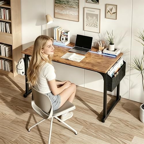 Image of DurayLoly 48 Inch Computer Desk with Waterproof LED Lights,Study Desk for Teens & Home Office,Headphone Hook & Storage Bag Included,Sturdy Metal Frame,Small Space Friendly,Rustic Brown