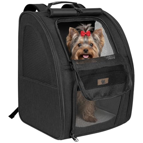 Aystkniet Katzenrucksack & Hunderucksack bis 6kg, Große Haustier Transporttasche mit 270° Belüftung, 3 Öffnungen, Faltbar, Atmungsaktiv für Reisen, Wandern, Flugzeug & Tierarzt