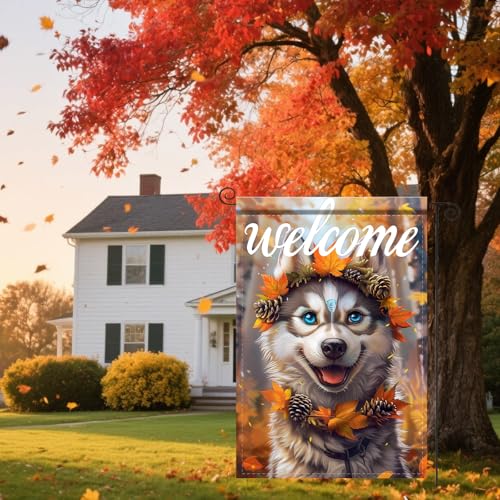 Image of Nuxovilar 12x18 inch Husky Dog Autumn Leaf Wreath Flag