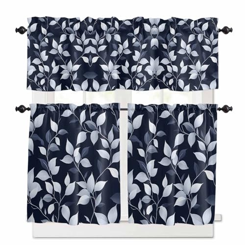 Blue White Eucalyptus Leaves Kitchen Curtains 24 Inch Length,3 Piece Rod Pocket Small Half Tiers and Valance Set,Spring Summer Watercolor Plant Small Large Window Treatment Decor for Bedroom/Bathroom