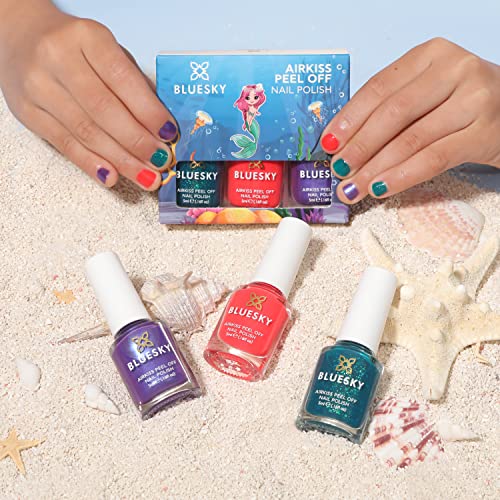 Image of BLUESKY Kids Peel Off Glossy Finish Nail Varnish Set | Red, Green, Purple | Easy Peel-Off, Non-Toxic, Water- Based, Odour-Free Nail Polish For Kids, Gift Set 3 X 5Ml With Stickers