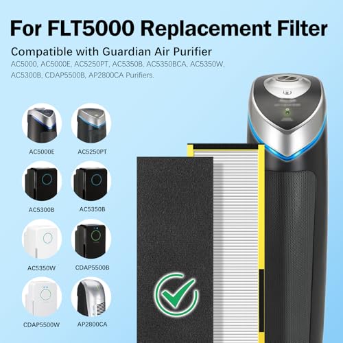 Image of FLT5000 Filter-C True HEPA Replacement Filter for Guardian AC5000E AC5000 Air Purifier Compatible with AC5250PT, AC5350B, AC5350W, AC5350BCA, AC5300B Air Cleaner, 2 Pack HEPA + 4 Pre-Filters