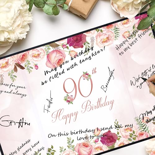 Image of Vlipoeasn 90th Birthday Guest Book Alternative, Black and Pink 90th Birthday Party Decorations for Women, Creative Flower 90th Birthday Signature Book, Cheers to 90 Year Old Birthday Party Supplies
