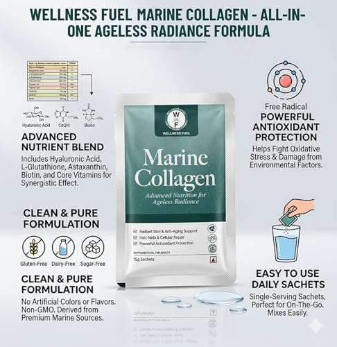 Image of Marine Collagen - Advanced Anti-Aging Sachets for Skin Radiance, Hair Health & Joints | With Glutathione, Hyaluronic Acid, CoQ10 & Biotin | Mixed Berry Extracts | 30 x 15g Servings