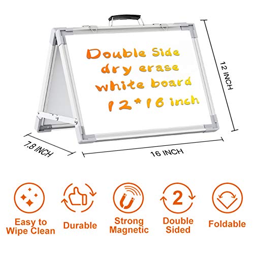 Small Whiteboard Dry Erase Boards, Portable White Board Double Sided Magnetic Board Stand, Foldable Desktop White Boards Easel for Kids Students Teacher for School Home Kitchen Office 12x16 Inch