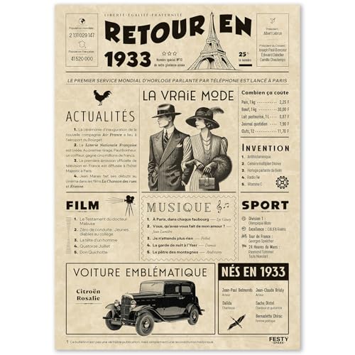 FestySpark Cadeau Original Retour en 1933 - Idée Cadeau 93 Ans femme et homme - Carte Anniversaire 93 ans femme et homme - Decoration Anniversaire 93 ans - Carte d’Anniversaire avec Félicitations