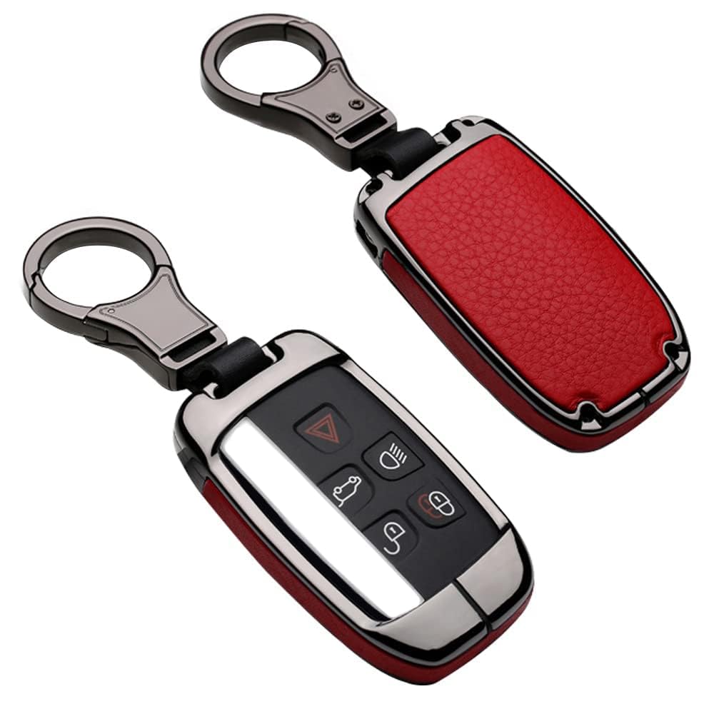 Woniyal 1 Pc Car Key Fob Cover for Land Rover Discovery Sport Defender Freelander Range Rover Evoque Velar, Zinc Alloy Leather Full Protection,Black-Red
