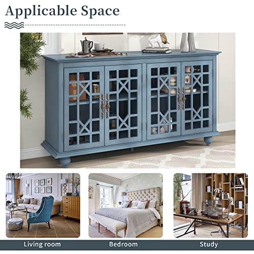 Knocbel Vintage Entryway Console Table Buffet Sideboard With Tempered Glass Doors, Adjustable Shelves And Metal Handles, Entry Hallway Foyer Table Storage Cabinet Cupboard (Antique Teal Blue) #TOP7