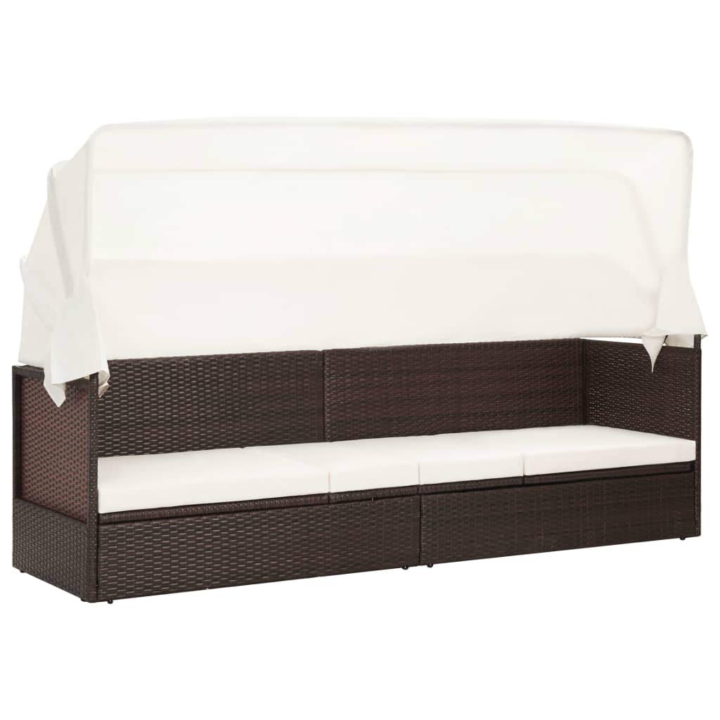 Lettino da giardino resistente alle intemperie con cuscino imbottito, letto da giardino con baldacchino in polyrattan e rattan PE con schienale regolabile, mobili lounge con baldacchino