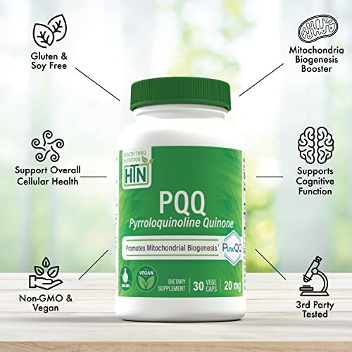 Image of Health Thru Nutrition PQQ 20mg 30 Servings Pyrroloquinoline Quinone as PureQQ | Promotes Mitochondrial Biogenesis | Certified Vegan | Non-GMO Gluten Soy Free Capsules| Clean Label PQQ Supplement