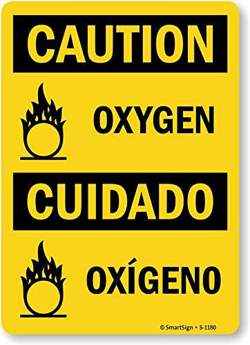 Étiquette Oxygène en vinyle bilingue Caution 17,8x25,4cm