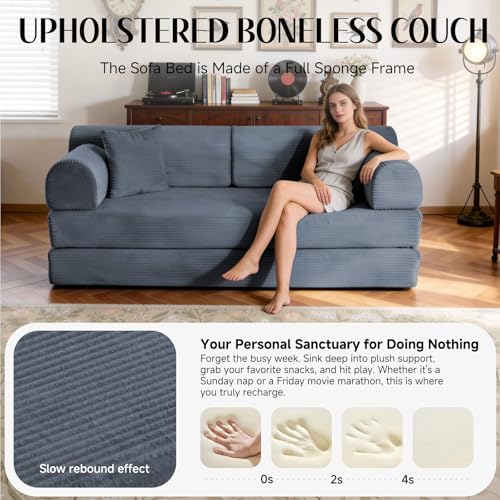 Image of 79'' Convertible Sofa Bed, 6 in 1 Folding Floor Futon Couch Sleeper with Fixed Frame, Corduroy Modular Sofa Bed with Removable Armrests & Pillows, No Assembly for Living Room Bedroom (Dark Gray)