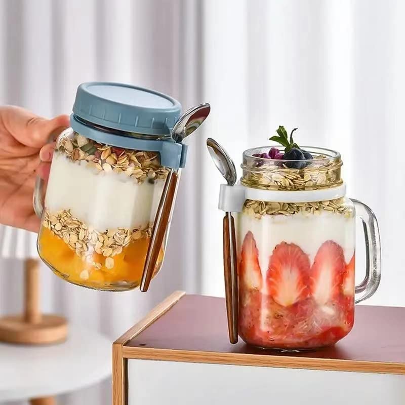 2 Stk Joghurtbecher to go,Müsli to go Becher,450ml Auslaufsicherer Overnight Oats Gläser mit Löffel und Griff ,Dessertgläser Glas mit Deckel,Meal Prep