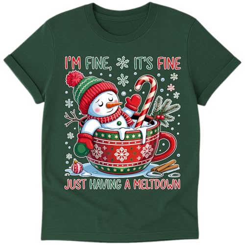 Funny Christmas T-Shirt – “I’m Fine. It’s Fine. Just Having a Meltdown” Snowman Design – Custom Back Text – Handmade Holiday Shirt in Multiple Sizes & Colors