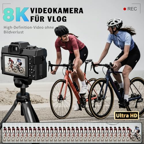 NBD 8K Digitalkamera 64MP mit Autofokus & 16X Zoom, 3" 180° klappbarem Display, WiFi – Inkl. Weitwinkel/Makro-Linse + 2 Akkus + 64GB Karte + Mikrofon (Schwarz) – Bild 4
