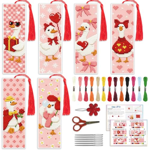 Image of ACRNIGHEET 6PCS Cross Stitch Bookmark Kit for Beginner Cute Goose Stamped Cross Stitch Kits Needlepoint Kit for Adults DIY Tassel Embroidery Bookmark Kits with Instructions Craft Gift 8.5 inchx3 inch 11CT