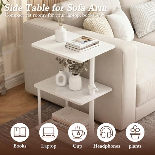 Image of Faesun 360 Swivel Side Table for Height Adjustable, C Shaped End Table for Couch with Storage, 3-Tier Night Stand with Open Shelf, Tv Tray for Small Spaces, Living Room, Bedroom, White