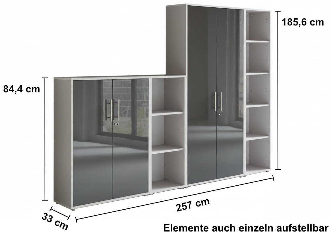 Büromöbel Komplettset TABOR PRO 4 lichtgrau anthrazit Hochglanz