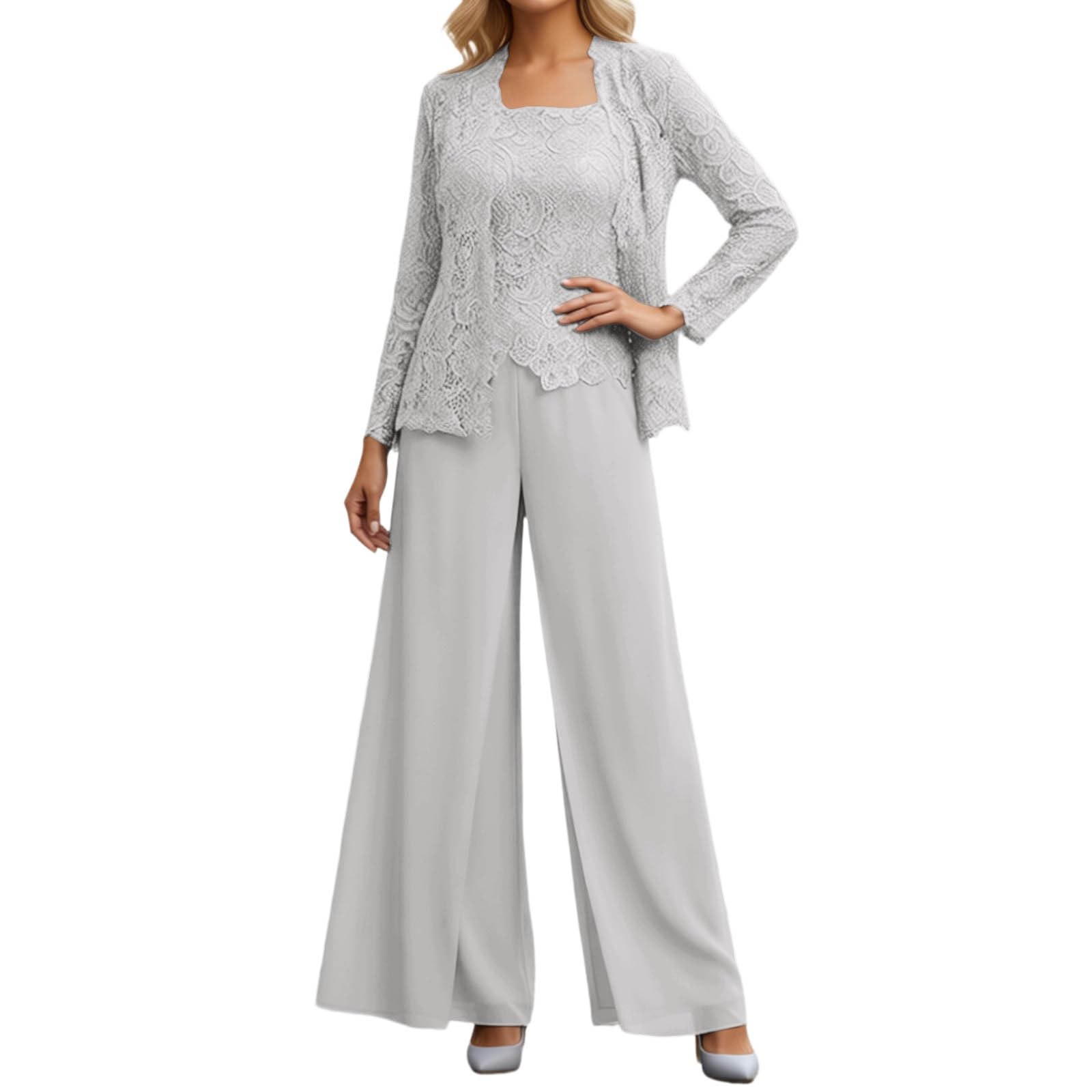 Generisch Combinaison festive pour femme - En mousseline de soie - 3 pièces - Pour mariage - Élégante - Avec veste en dentelle - En coton doux - Avec poches - Combinaison de sport et de loisirs