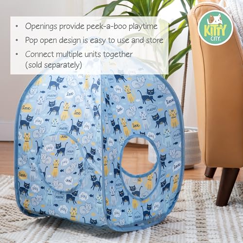 Image of Kitty City Cat Print Pop-Up Cat Play House, Collapsible Indoor Kitten Hideout with Peekaboo Openings, Lightweight Foldable Kitty Cube for Play & Lounging, Blue