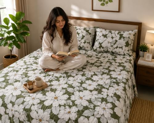 Image of Cotton Double Bedsheet with 2 Pillow Covers | 100% Pure Cotton | Soft & Breathable | 90x100 inch - White Flower