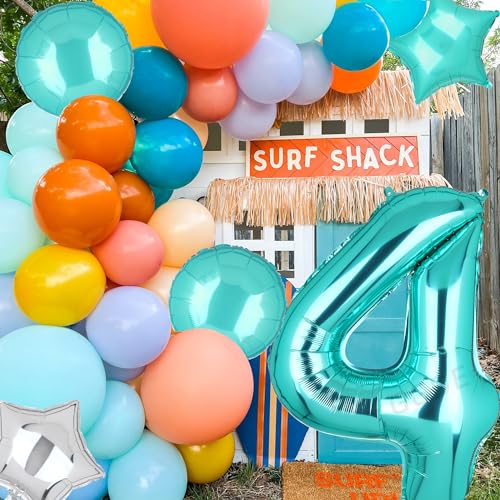 Image of Teal Blue Number 4 Balloons 40 Inch Mermaid Birthday Theme 5 Pcs | Big Helium Mylar Digital Balloon Wedding 4th Anniversary Party Decor Supplies